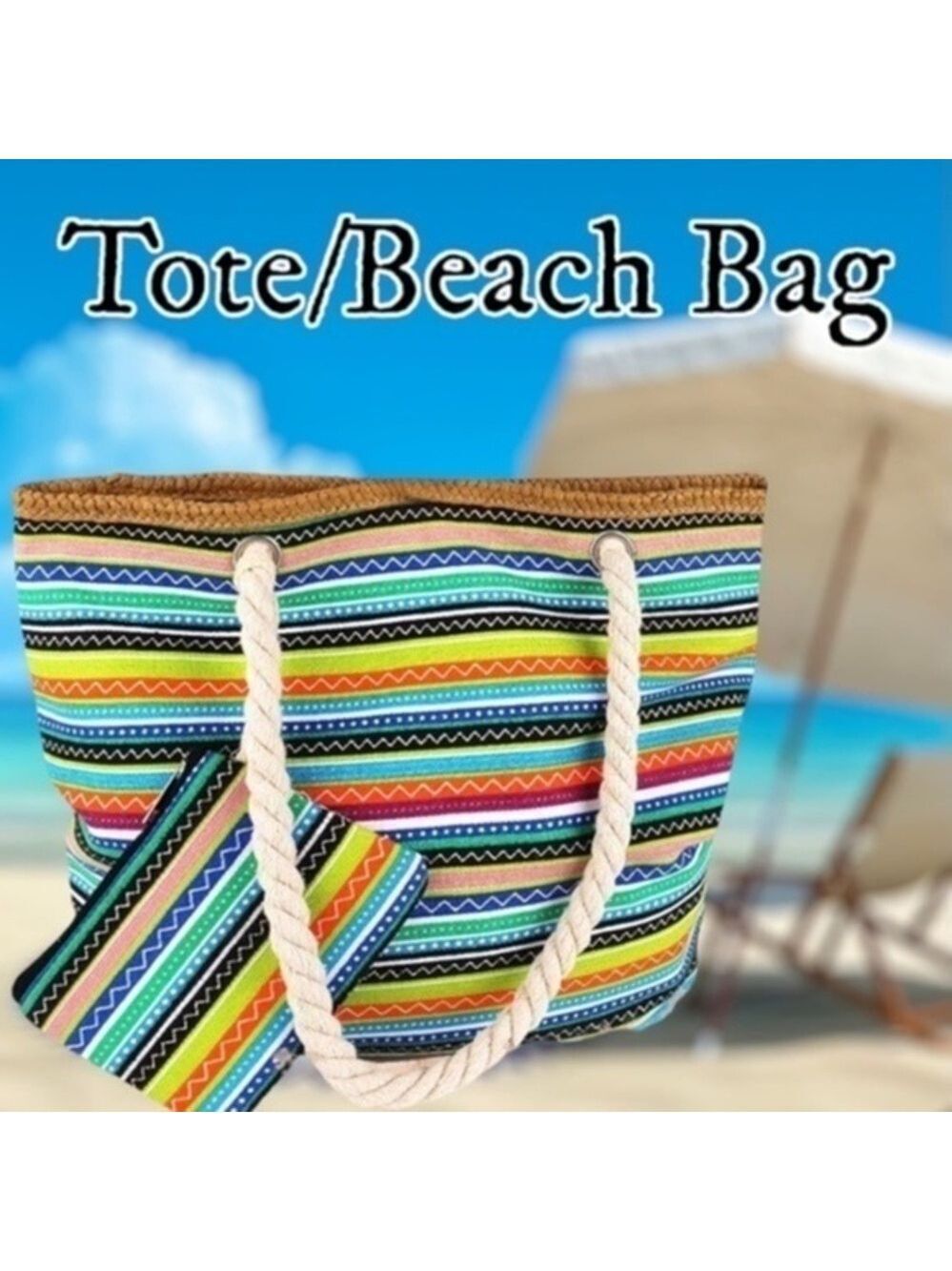 Large Zippered Multicolor-Striped Water/Sand Resistant Tote/Beach/Errand Bag NWT